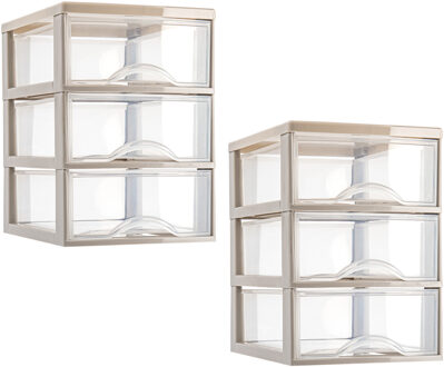 Ladeblokje/bureau organizer - 2x stuks - 3 lades - transparant/beige - L18 x B25 x H25 cm - plastic