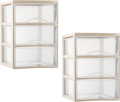 Ladeblokje/bureau organizer - 2x stuks - 3 lades - transparant/beige - L26 x B36 x H37 cm - plastic