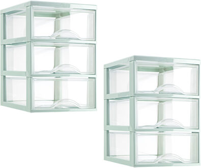 Ladeblokje/bureau organizer - 2x stuks - 3 lades - transparant/mintgroen - L18 x B25 x H25 cm - plas