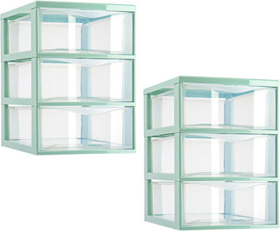 Ladeblokje/bureau organizer - 2x stuks - 3 lades - transparant/mintgroen - L18 x B25 x H25 cm