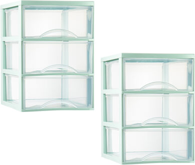Ladeblokje/bureau organizer - 2x stuks - 3 lades - transparant/mintgroen - L26 x B36 x H37 cm