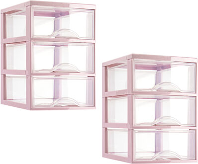Ladeblokje/bureau organizer - 2x stuks - 3 lades - transparant/roze - L18 x B25 x H25 cm - plastic