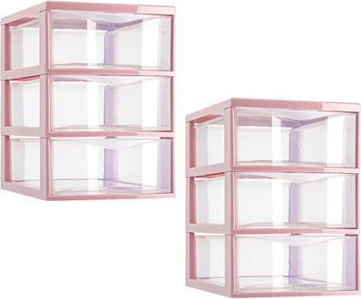 Ladeblokje/bureau organizer - 2x stuks - 3 lades - transparant/roze - L18 x B25 x H25 cm - plastic