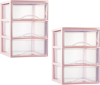 Ladeblokje/bureau organizer - 2x stuks - 3 lades - transparant/roze - L26 x B36 x H37 cm - plastic