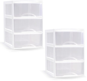 Ladeblokje/bureau organizer - 2x stuks - 3 lades - transparant/wit - L18 x B25 x H25 cm - plastic