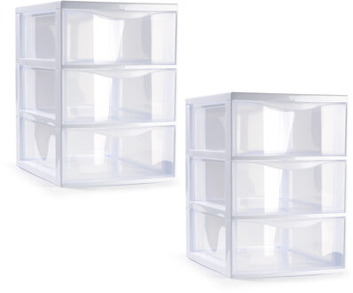 Ladeblokje/bureau organizer - 2x stuks - 3 lades - transparant/wit - L18 x B25 x H25 cm - plastic