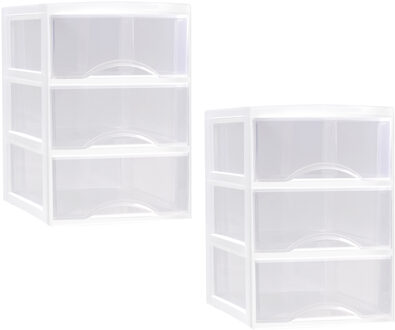 Ladeblokje/bureau organizer - 2x stuks - 3 lades - transparant/wit - L26 x B36 x H37 cm - plastic