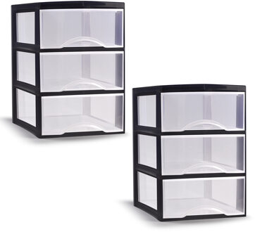 Ladeblokje/bureau organizer - 2x stuks - 3 lades - transparant/zwart - L18 x B25 x H25 cm - plastic