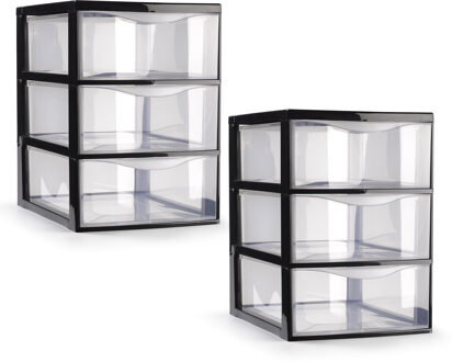 Ladeblokje/bureau organizer - 2x stuks - 3 lades - transparant/zwart - L18 x B25 x H25 cm - plastic