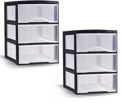 Ladeblokje/bureau organizer - 2x stuks - 3 lades - transparant/zwart - L26 x B36 x H37 cm - plastic
