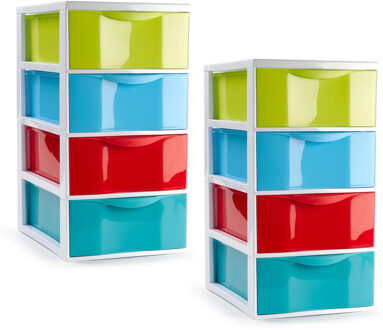 Ladeblokje/bureau organizer - 2x stuks - 4 lades - multi kleuren - L18 x B25 x H33 cm - plastic
