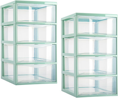 Ladeblokje/bureau organizer - 2x stuks - 4 lades - transparant/mintgroen - L18 x B25 x H33 cm - plas