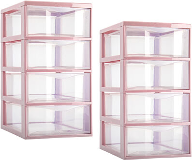 Ladeblokje/bureau organizer - 2x stuks - 4 lades - transparant/roze - L18 x B25 x H33 cm - plastic