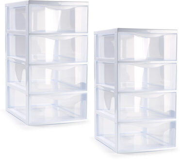 Ladeblokje/bureau organizer - 2x stuks - 4 lades - transparant/wit - L18 x B25 x H33 cm - plastic