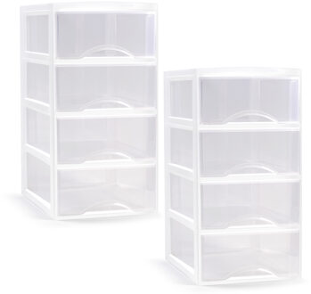 Ladeblokje/bureau organizer - 2x stuks - 4 lades - transparant/wit - L18 x B25 x H33 cm - plastic