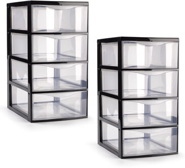 Ladeblokje/bureau organizer - 2x stuks - 4 lades - transparant/zwart - L18 x B25 x H33 cm - plastic