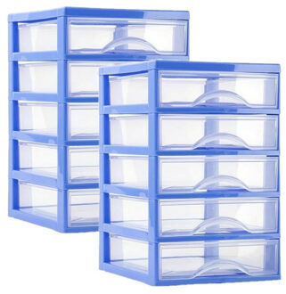 Ladeblokje - bureau organizer - 2x stuks - 5 lades - blauw/transparant - L18 x B21 x H28 cm - plasti