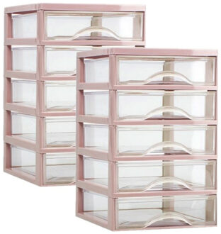 Ladeblokje - bureau organizer - 2x stuks - 5 lades - roze/transparant - L18 x B21 x H28 cm - plastic