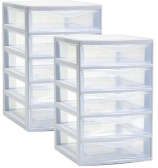 Ladeblokje - bureau organizer - 2x stuks - 5 lades - wit/transparant - L18 x B21 x H28 cm - plastic