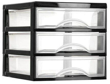 Ladeblokje/bureau organizer 3x lades - zwart/transparant - L18 x B21 x H17 cm - plastic