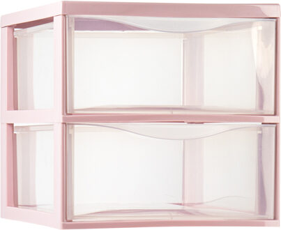 Ladeblokje/bureau organizer met 2x lades - transparant/roze - L26 x B36 x H25 cm - plastic