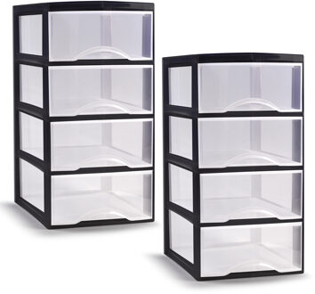 Ladeblokje/bureau organizer met 2x lades - transparant/zwart - L18 x B23 x H34 cm - plastic