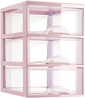 Ladeblokje/bureau organizer met 3x lades - transparant/roze - L18 x B25 x H25 cm - plastic