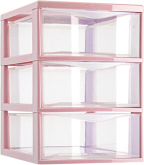 Ladeblokje/bureau organizer met 3x lades - transparant/roze - L18 x B25 x H25 cm - plastic