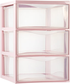 Ladeblokje/bureau organizer met 3x lades - transparant/roze - L26 x B37 x H37 cm - plastic