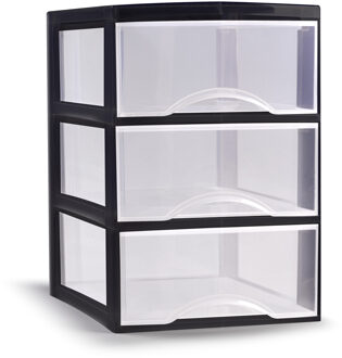 Ladeblokje/bureau organizer met 3x lades - transparant/zwart - L18 x B25 x H25 cm - plastic