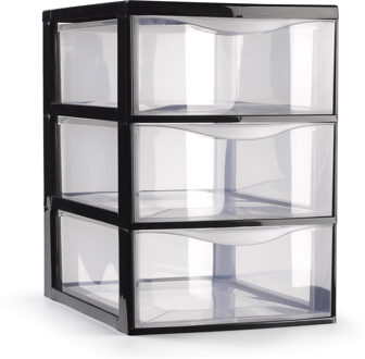 Ladeblokje/bureau organizer met 3x lades - transparant/zwart - L18 x B25 x H25 cm - plastic