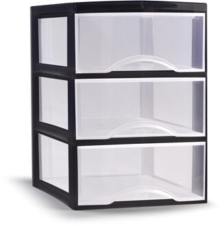 Ladeblokje/bureau organizer met 3x lades - transparant/zwart - L26 x B37 x H37 cm - plastic