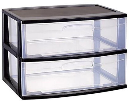 Ladeblokje/spullen storage organizer 2x lades - zwart/transparant - L56 x B40 x H41 cm - plastic