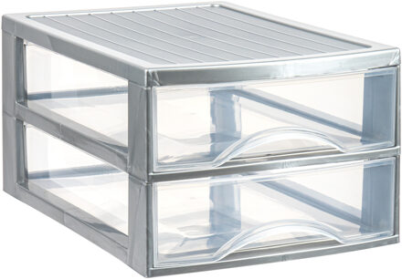 Ladekastje bureau organizer - 2 lades - zilver/transparant - L26 x B35 x H19 cm - kunststof