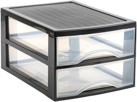 Ladekastje bureau organizer - 2 lades - zwart/transparant - L26 x B35 x H19 cm - kunststof
