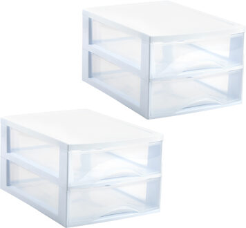 Ladekastje bureau organizer - 2x - 2 lades - wit/transparant - L26 x B35 x H19 cm - kunststof