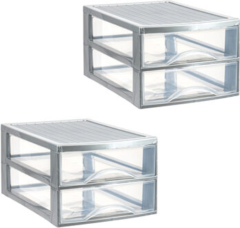 Ladekastje bureau organizer - 2x - 2 lades - zilver/transparant - L26 x B35 x H19 cm - kunststof