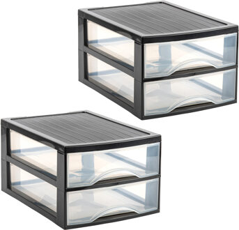 Ladekastje bureau organizer - 2x - 2 lades - zwart/transparant - L26 x B35 x H19 cm - kunststof