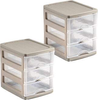 Ladekastje bureau organizer - 2x - 3 lades - beige/transparant - L13 x B17 x H17 cm - kunststof