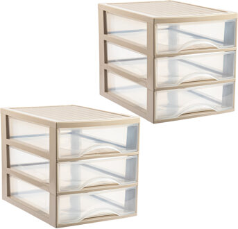 Ladekastje bureau organizer - 2x - 3 lades - beige/transparant - L26 x B35 x H27 cm - kunststof