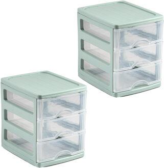 Ladekastje bureau organizer - 2x - 3 lades - groen/transparant - L13 x B17 x H17 cm - kunststof