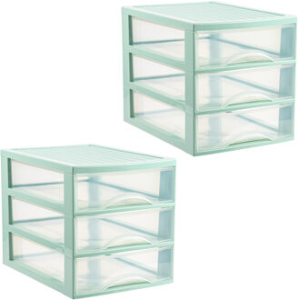 Ladekastje bureau organizer - 2x - 3 lades - groen/transparant - L26 x B35 x H27 cm - kunststof
