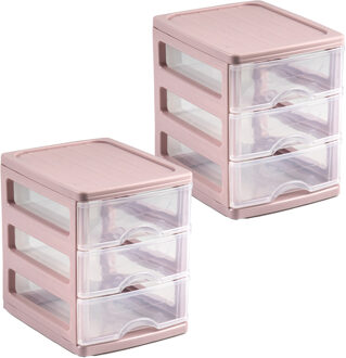 Ladekastje bureau organizer - 2x - 3 lades - roze/transparant - L13 x B17 x H17 cm - kunststof