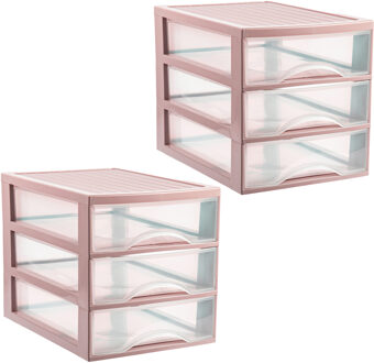 Ladekastje bureau organizer - 2x - 3 lades - roze/transparant - L26 x B35 x H27 cm - kunststof