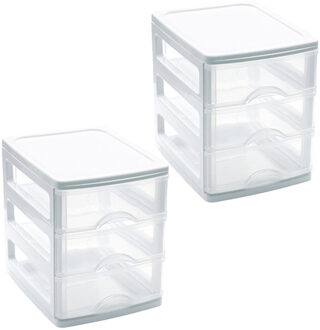 Ladekastje bureau organizer - 2x - 3 lades - wit/transparant - L13 x B17 x H17 cm - kunststof