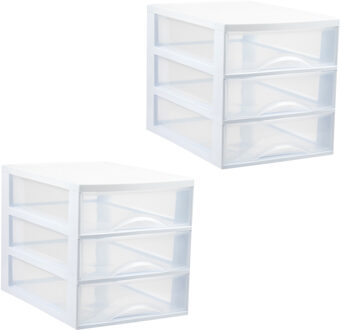 Ladekastje bureau organizer - 2x - 3 lades - wit/transparant - L26 x B35 x H27 cm - kunststof