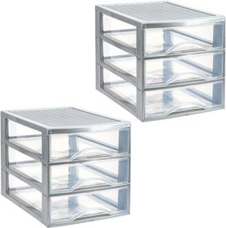 Ladekastje bureau organizer - 2x - 3 lades - zilver/transparant - L26 x B35 x H27 cm - kunststof