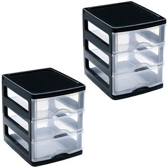 Ladekastje bureau organizer - 2x - 3 lades - zwart/transparant - L13 x B17 x H17 cm - kunststof