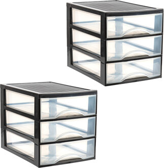 Ladekastje bureau organizer - 2x - 3 lades - zwart/transparant - L26 x B35 x H27 cm - kunststof