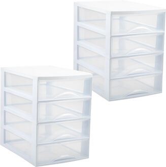 Ladekastje bureau organizer - 2x - 4 lades - wit/transparant - L26 x B35 x H36 cm - kunststof